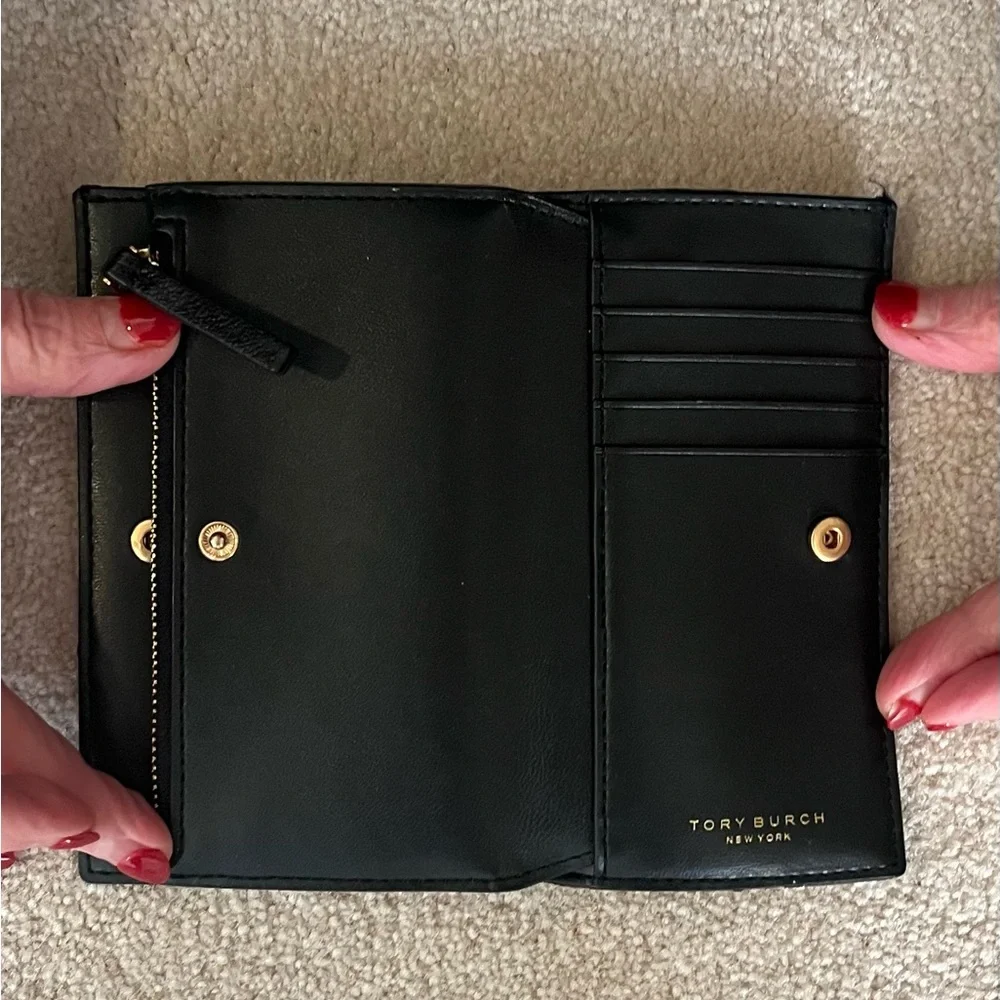 Tory Burch Black Quilted Leather Wallet with Gold Logo
